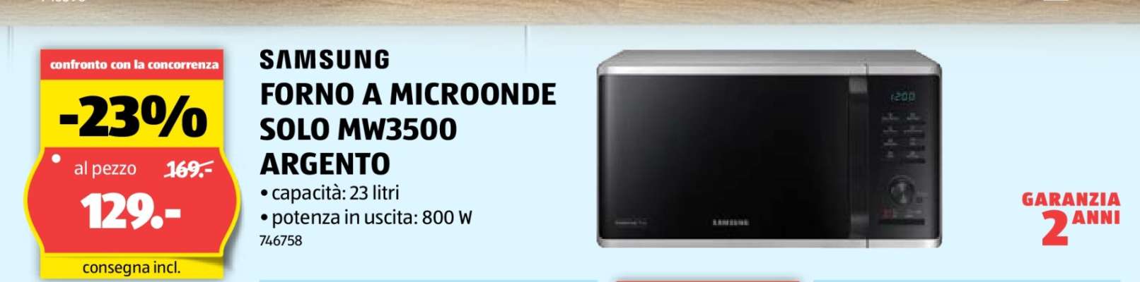 SAMSUNG FORNO A MICROONDE SOLO MW3500 ARGENTO