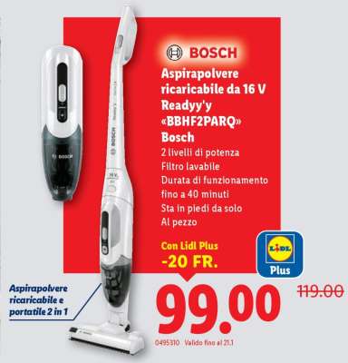 Bosch Aspirapolvere ricaricabile da 16 V Ready'y BBHF2PARQ