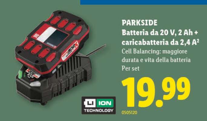 PARKSIDE Batteria da 20 V, 2 Ah + caricabatteria da 2,4 A