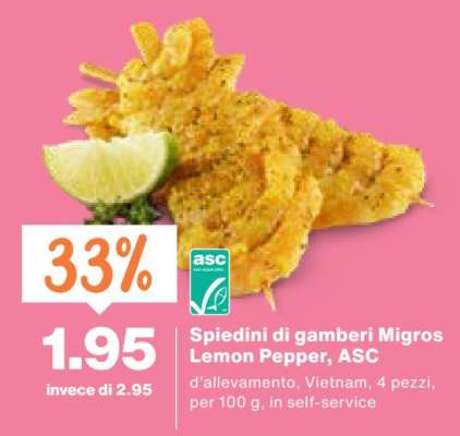 Spiedini di gamberi Migros Lemon Pepper, ASC