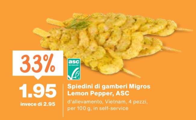 Spiedini di gamberi Migros Lemon Pepper, ASC