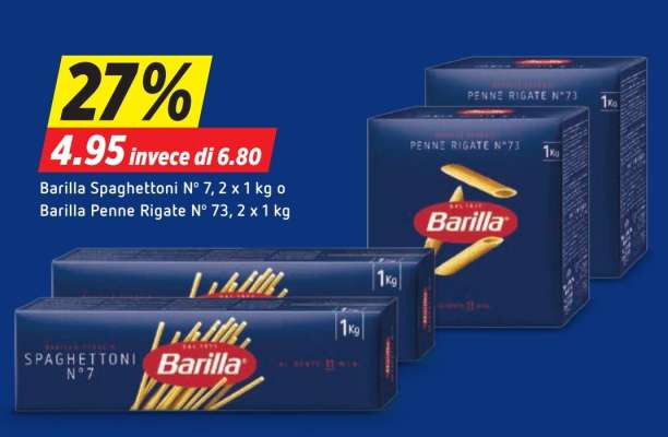 Barilla Spaghettoni N°7, 2 x 1 kg o Barilla Penne Rigate N°73, 2 x 1 kg