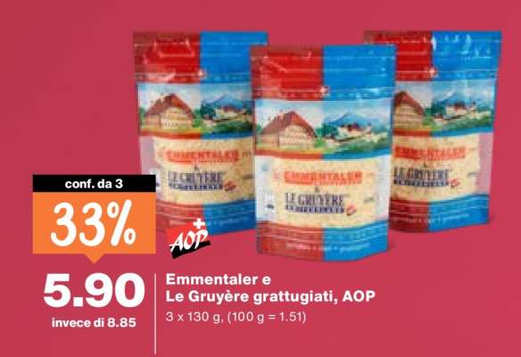 Emmentaler e Le Gruyère grattugiati, AOP