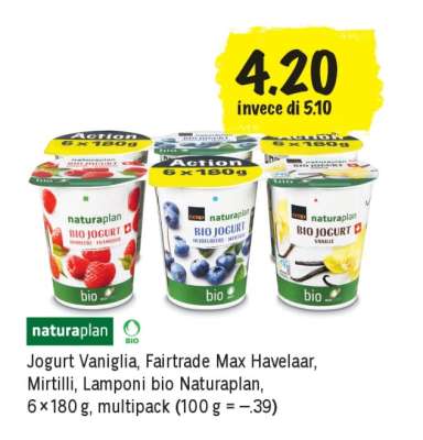 Jogurt Vaniglia, Fairtrade Max Havelaar, Mirtilli, Lamponi bio Naturaplan
